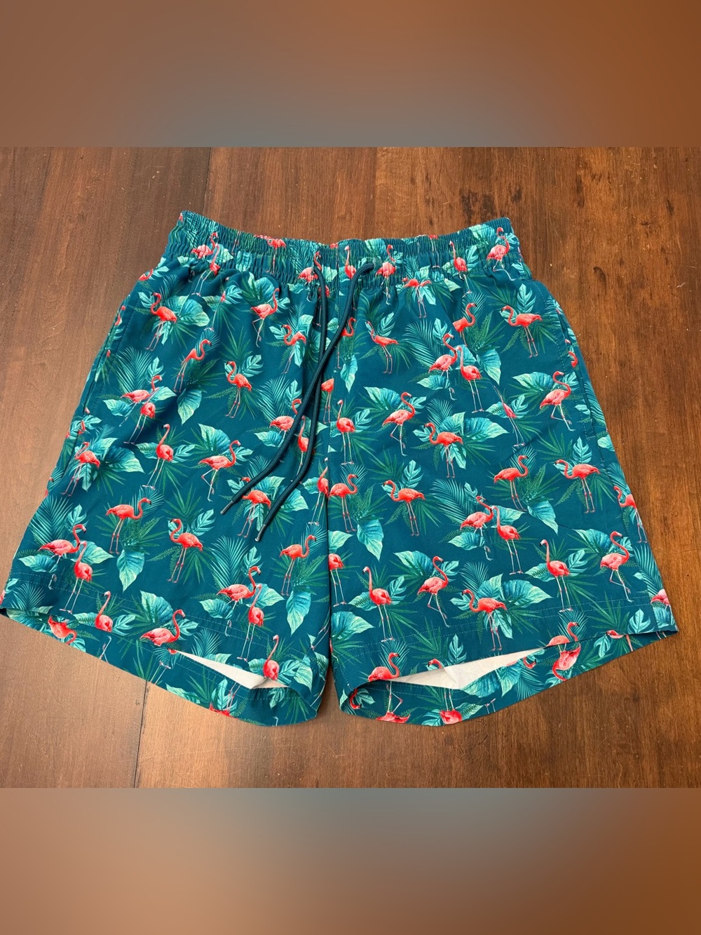 Caribbean Teal Swim Shorts with Pink Flamingo Print